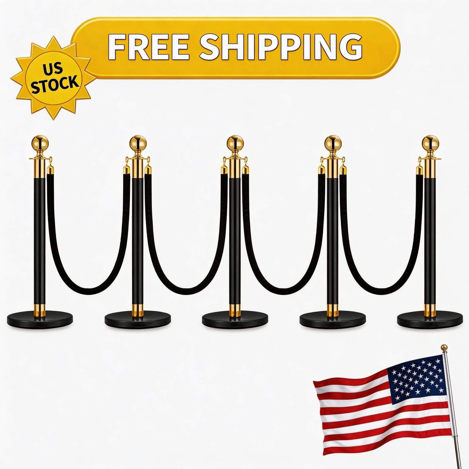 Heavy-Duty Stainless Stanchion Posts Set – 5PCS with 4 Black 5ft Soft Rope Steel