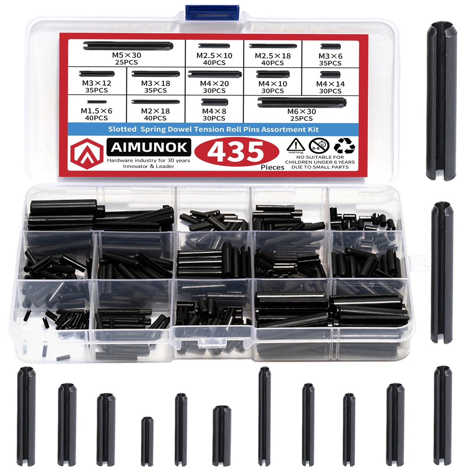 435-Piece Roll Pin Assortment Kit - Slotted Tension Pins, Split Dowels & Expansi