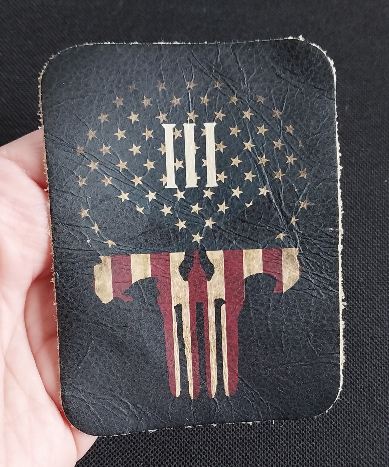 FULL LEATHER ~ FADED USA PATRIOT FLAG DEATH Skull ~ Made in USA ~ Biker Patch