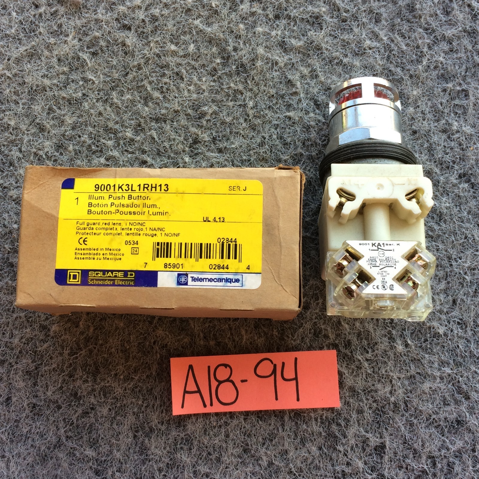 Square D, 9001k3L1RH13, Illuminated Push Button, 1 NO/NC, Red (NOS)