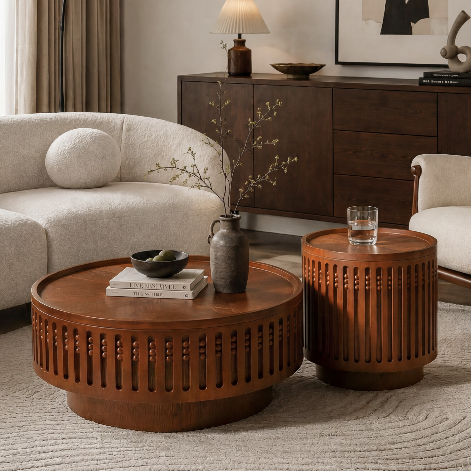 2 Pcs Round Wooden Side Table Coffee Table for Living Room Bedroom Walnut Walnut