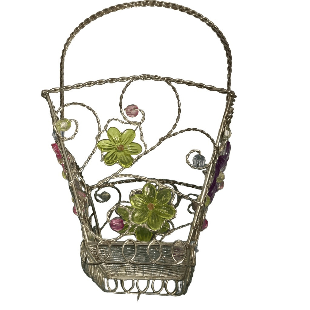 Silver Wire Metal Small Rectangular Basket Beaded Contoured Floral Yellow Purple