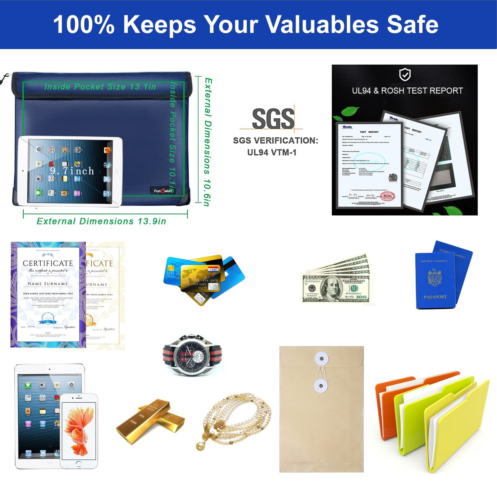 Fireproof Waterproof Money Document Bag, 13.9"x10.6", Blue