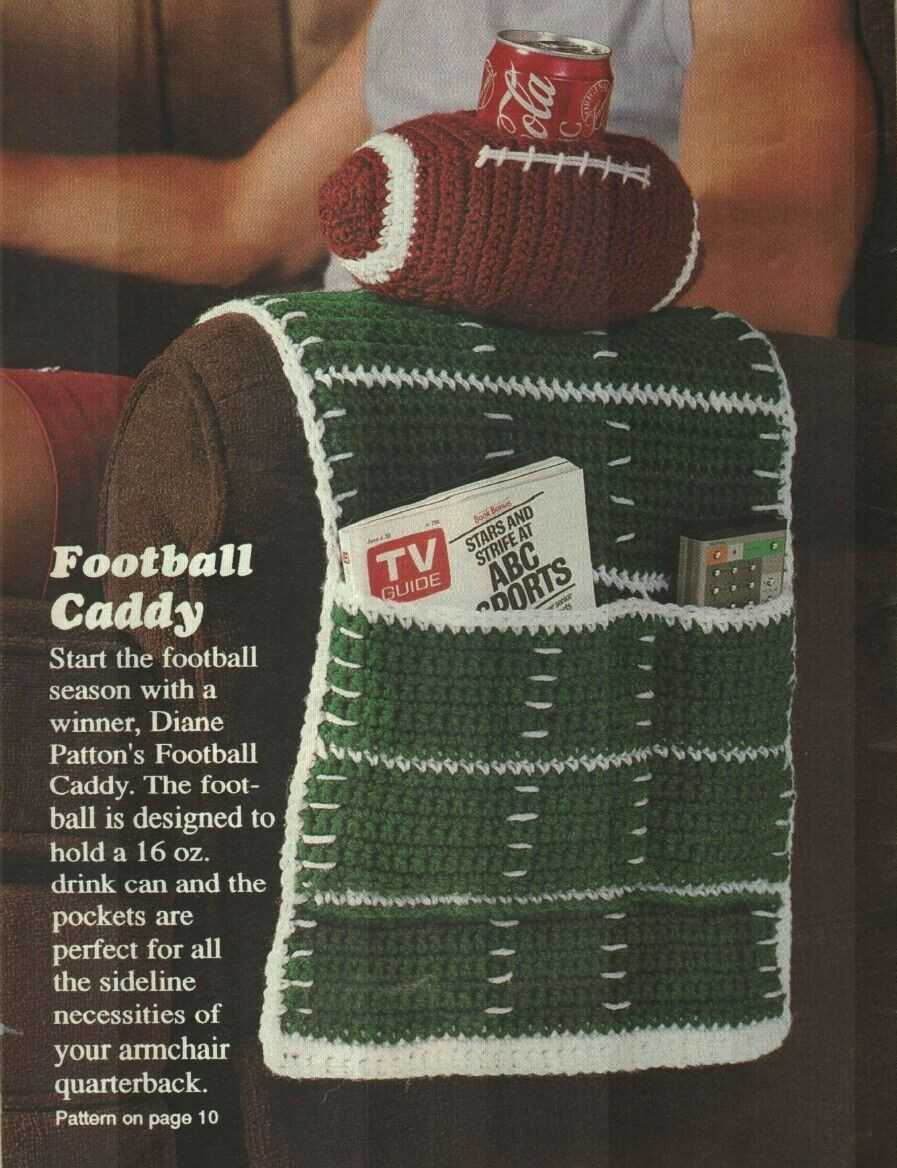 FOOTBALL CADDY ARM OF CHAIR HOME DECOR DIGEST SIZE CROCHET PATTERN INSTRUCTIONS