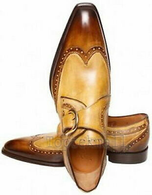 Handmade  Men's Leather NEW Monk Straps Two Tone and Brown Dress Shoes-157
