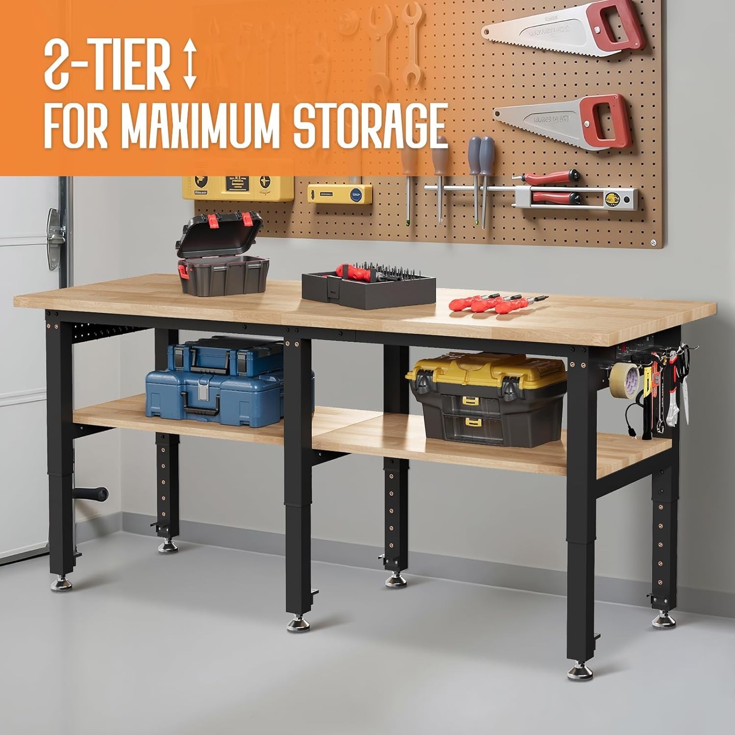 72" Adjustable 2-Tier Workbench with Solid Wood Top Max 6000lbs Capacity