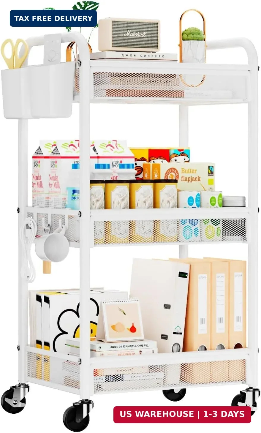 3 Tier Metal Rolling Cart, White Utility Storage Cart with Wheels | Meta