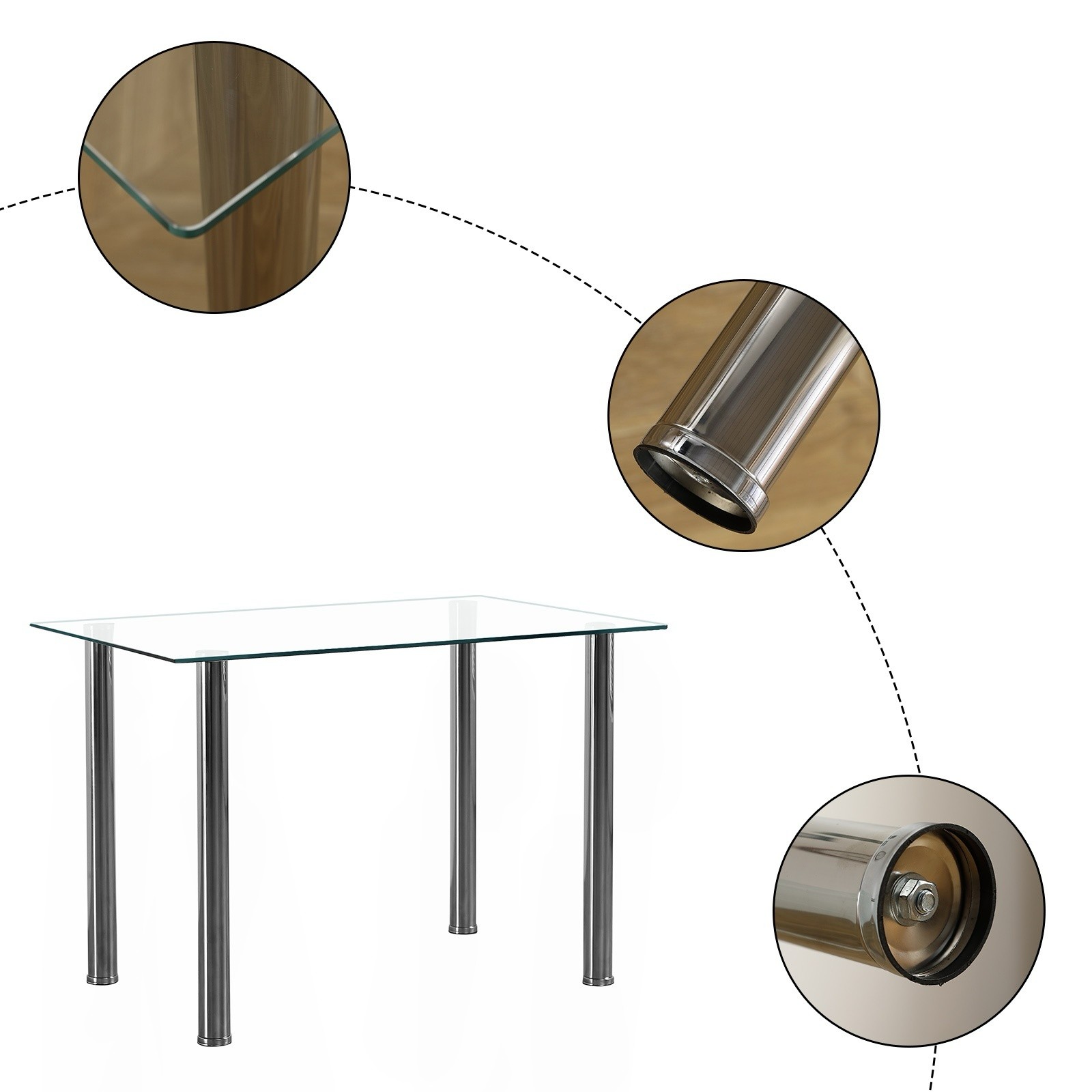 Glass Dining Table - 4 Seater Tempered Clear Glass 43.3" Rectangle Kitchen Desk