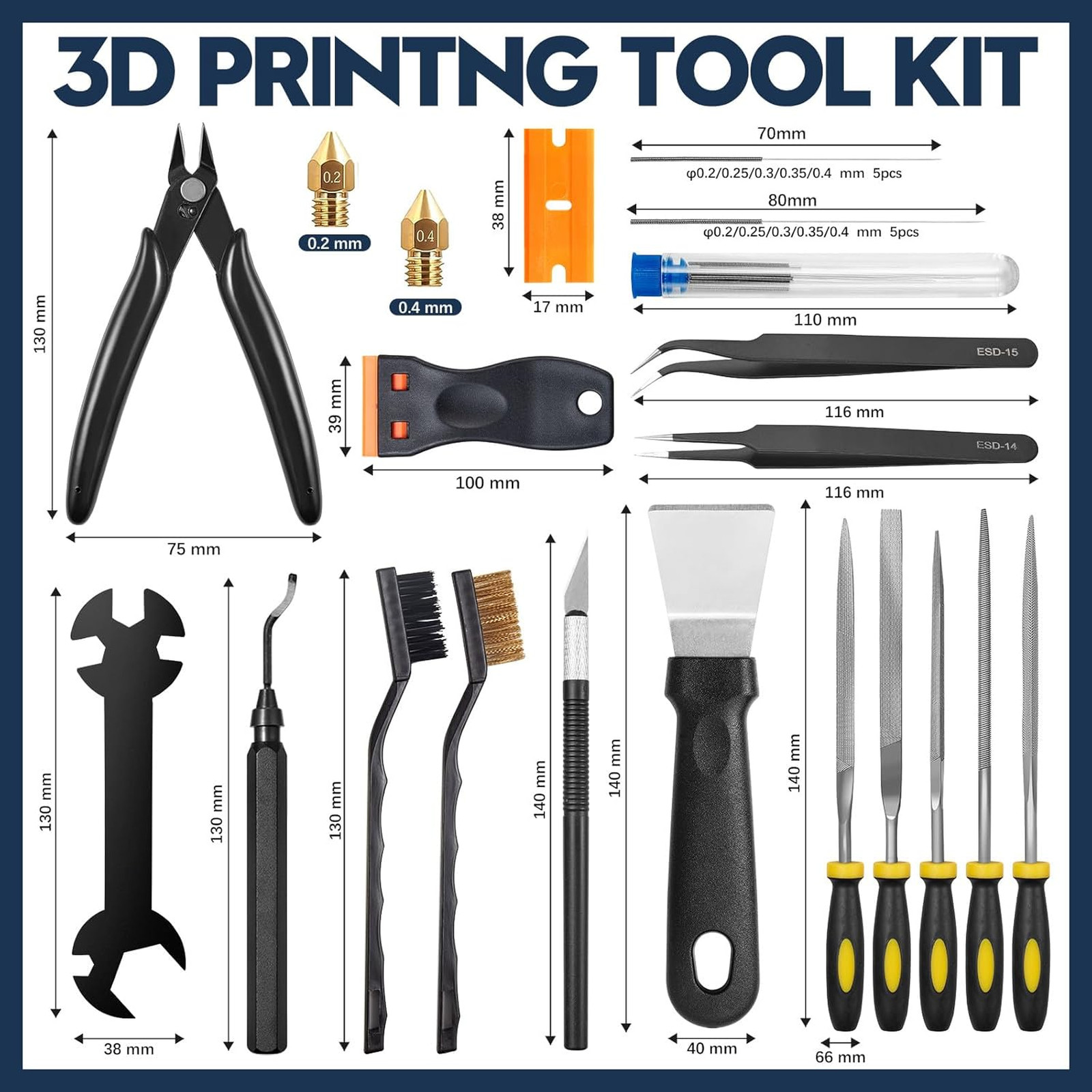 3D Printer Tool Kit 50 Pieces Compatible with FDM SLA Nozzle Cleaning Scraper