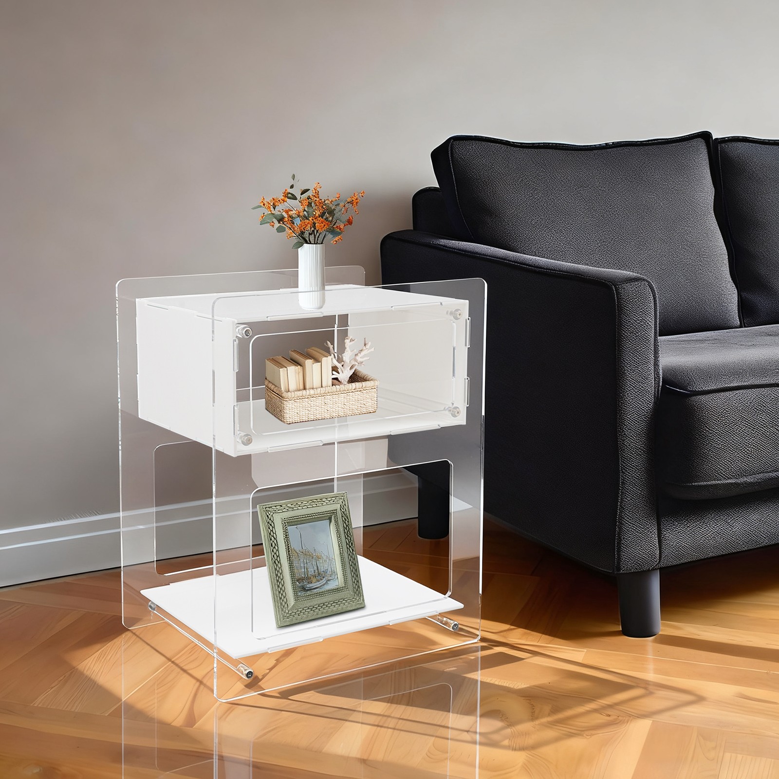 White Acrylic Side Table, Acrylic Nightstand, Rectangle Storage Shelf