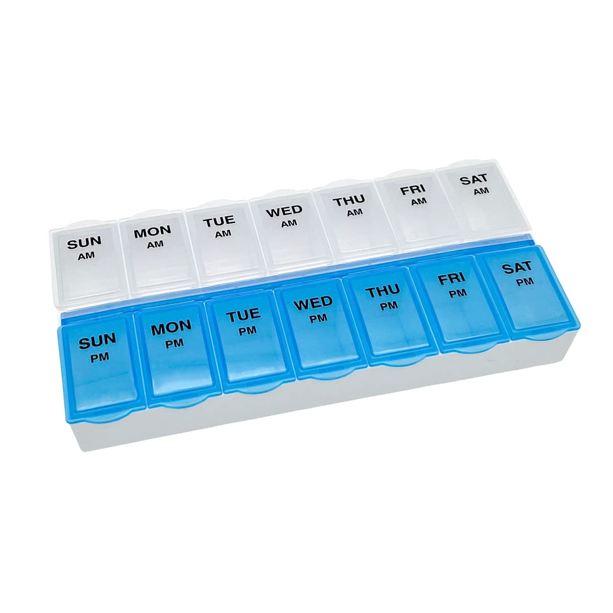 7-Day AM/PM Pill Organizer 2 Times a Day Vitamin Medicine Box Blue & Clear Lids