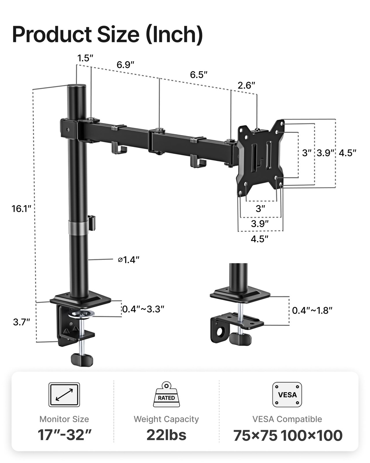 monTEK Single Monitor Stand for 17-32 inches Screen, Extended Arm, Black