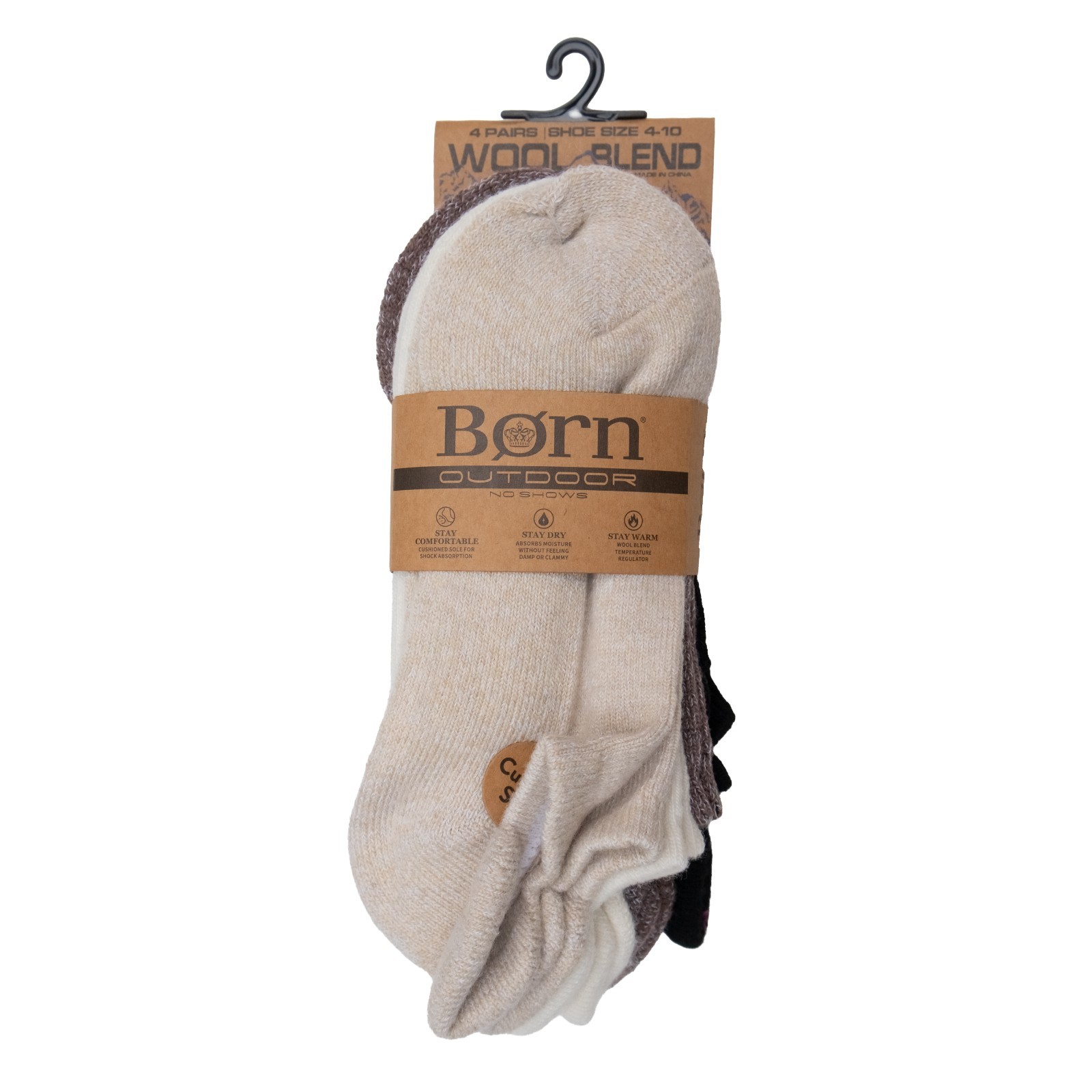 Born Outdoor No Show Socks Wool Blend Cushioned 4 Pair Pack Size 4-10