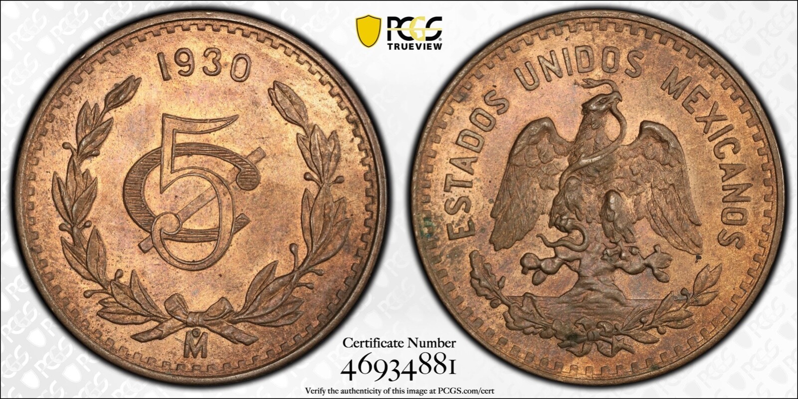 MEXICO ESTADOS UNIDOS 1930  5 CENTAVOS COIN PCGS CERTIFIED UNCIRCULATED MS64-RB