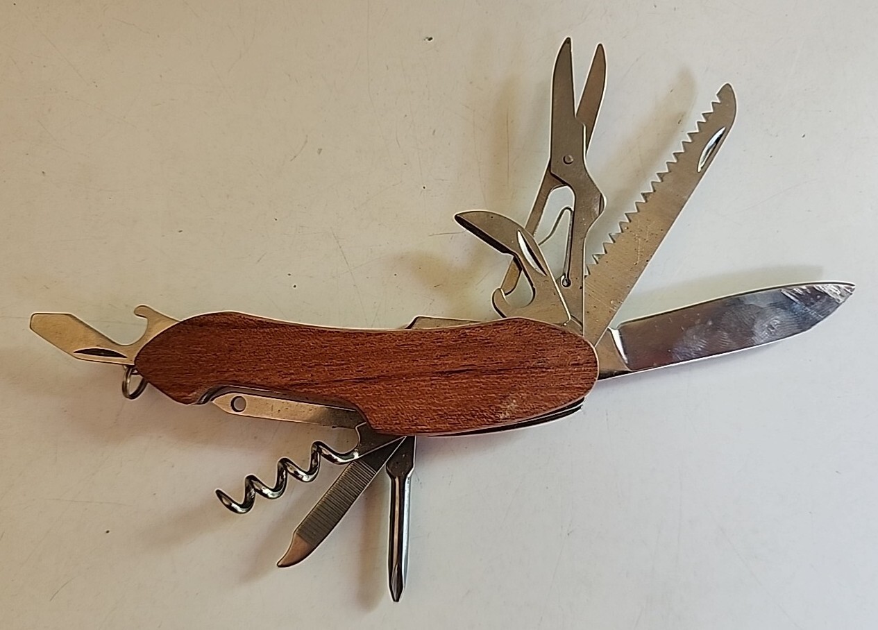 Vintage Multi-Tool Knife Wooden Handle Folding Blade Cork Screw Saw Scissors