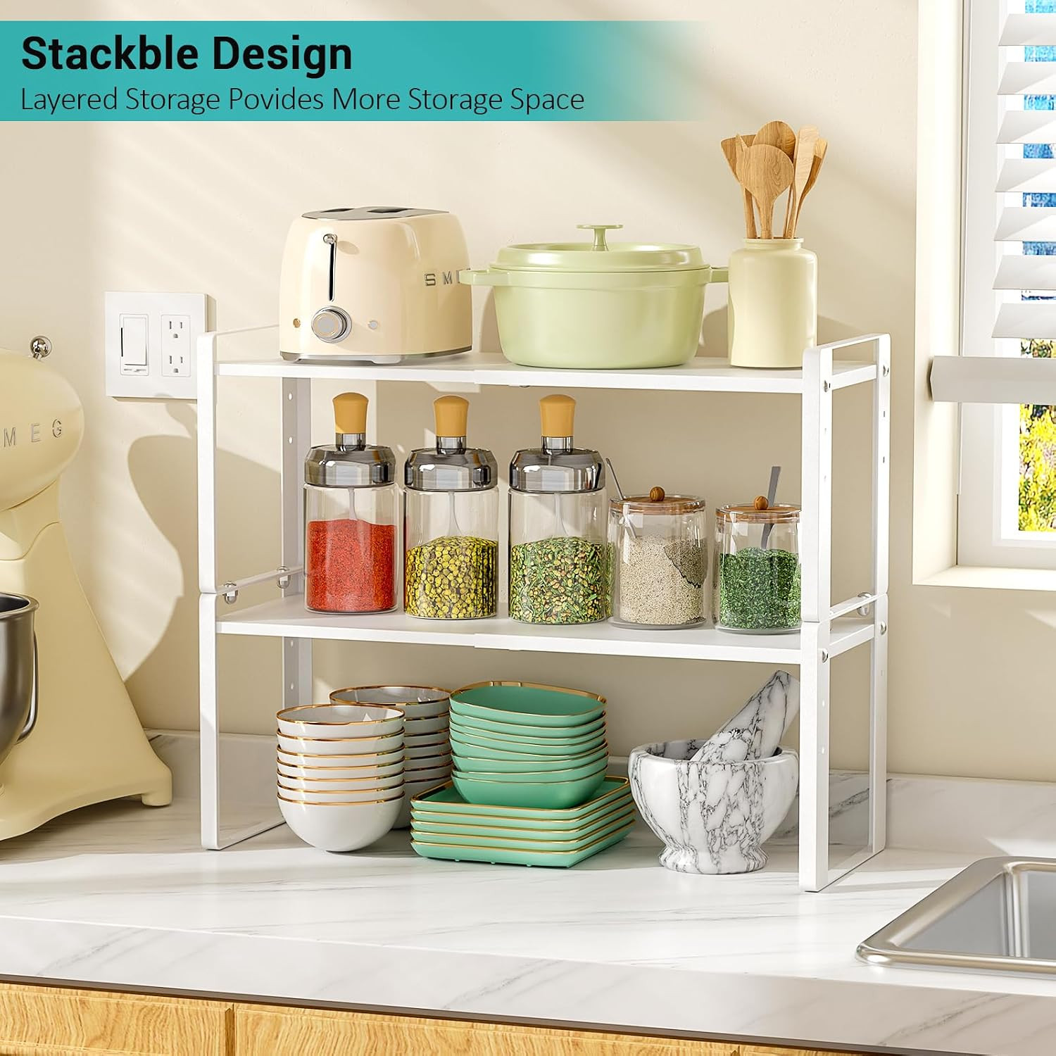 2 Pack Expandable Cabinet Organizer Shelves, 88Lbs High Weight Capacity, Stackab