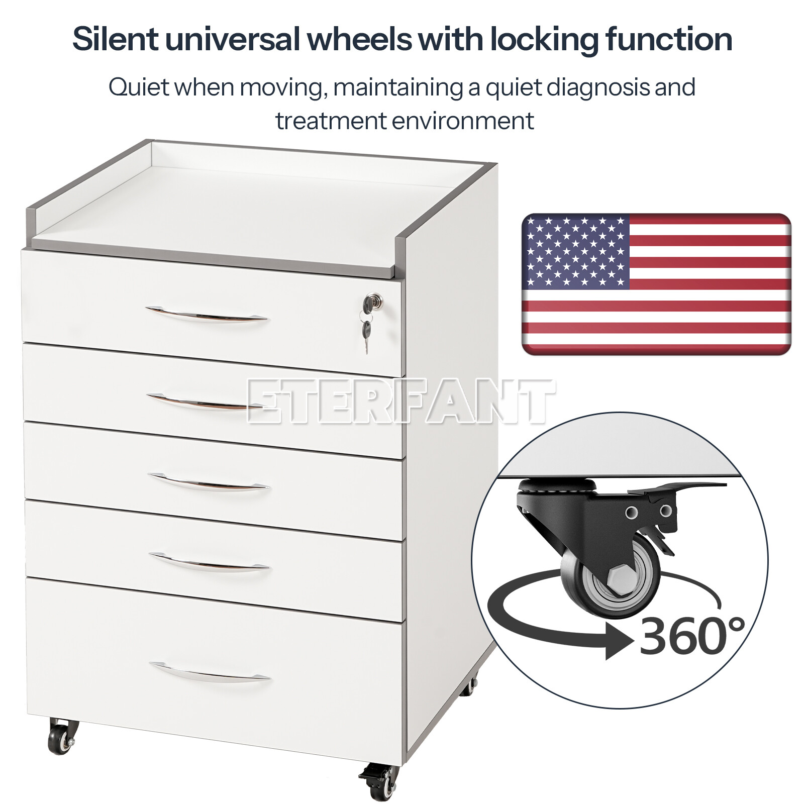 Dental Medical Trolley Cart Acrylic Mobile Wooden Cabinet Rolling Cart 5 Drawers