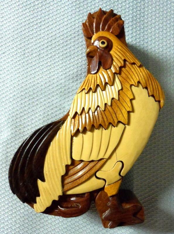 Hand Carved Wood Rooster Puzzle Trinket Box