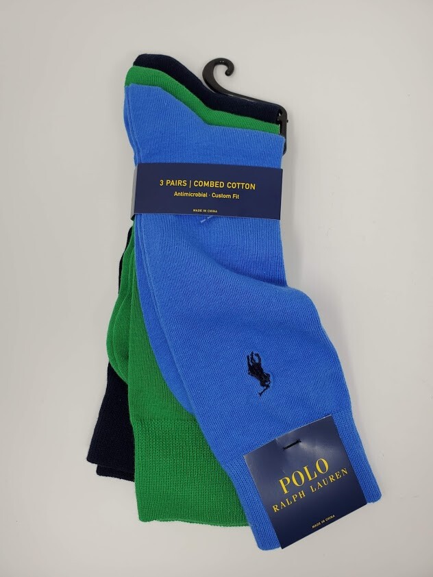 Polo Ralph Lauren Mens 3 pack Dress Socks green/blue/navy 10-13, shoe sz 6-12.5