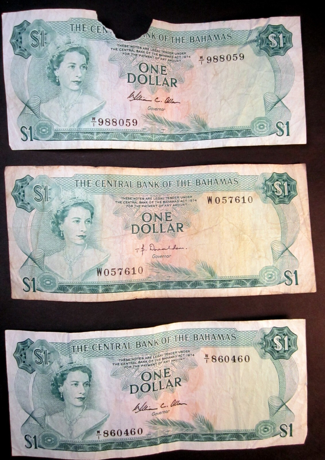 Bahamas 1974 The Central Bank $1 One Dollar Bank Notes Lot Queen Elizabeth Money