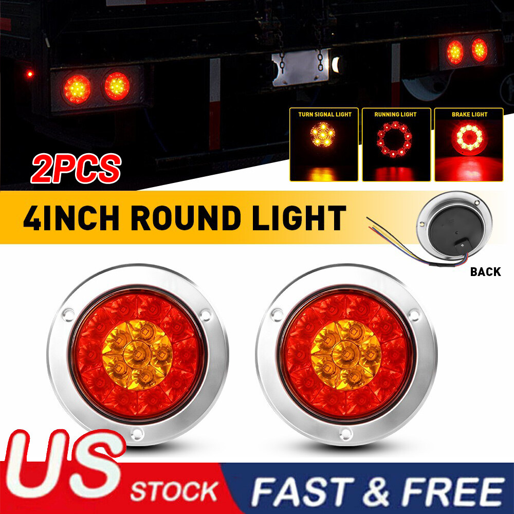 2x 4 Inch Round 16LED Red Amber LED Turn Stop Brake Trailer tail Lights Truck RV
