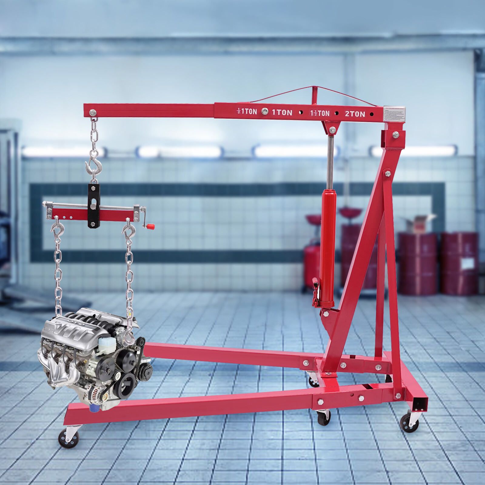 2T Hydraulic Crane with Engine Leveler, Folding Hydraulic Crane with Wheels New