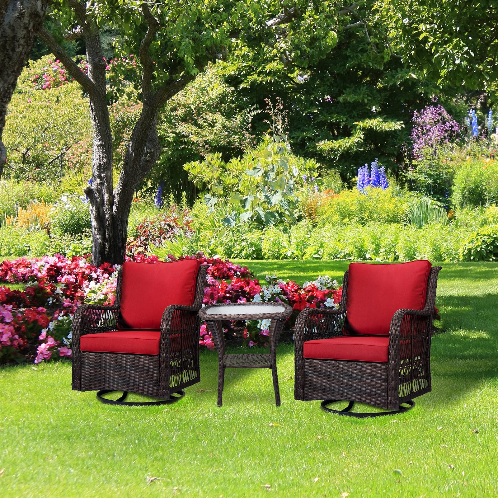 Garvee 3x Outdoor Wicker Swivel Rocker Patio Set 360° Rock Chair Bistro Backyard