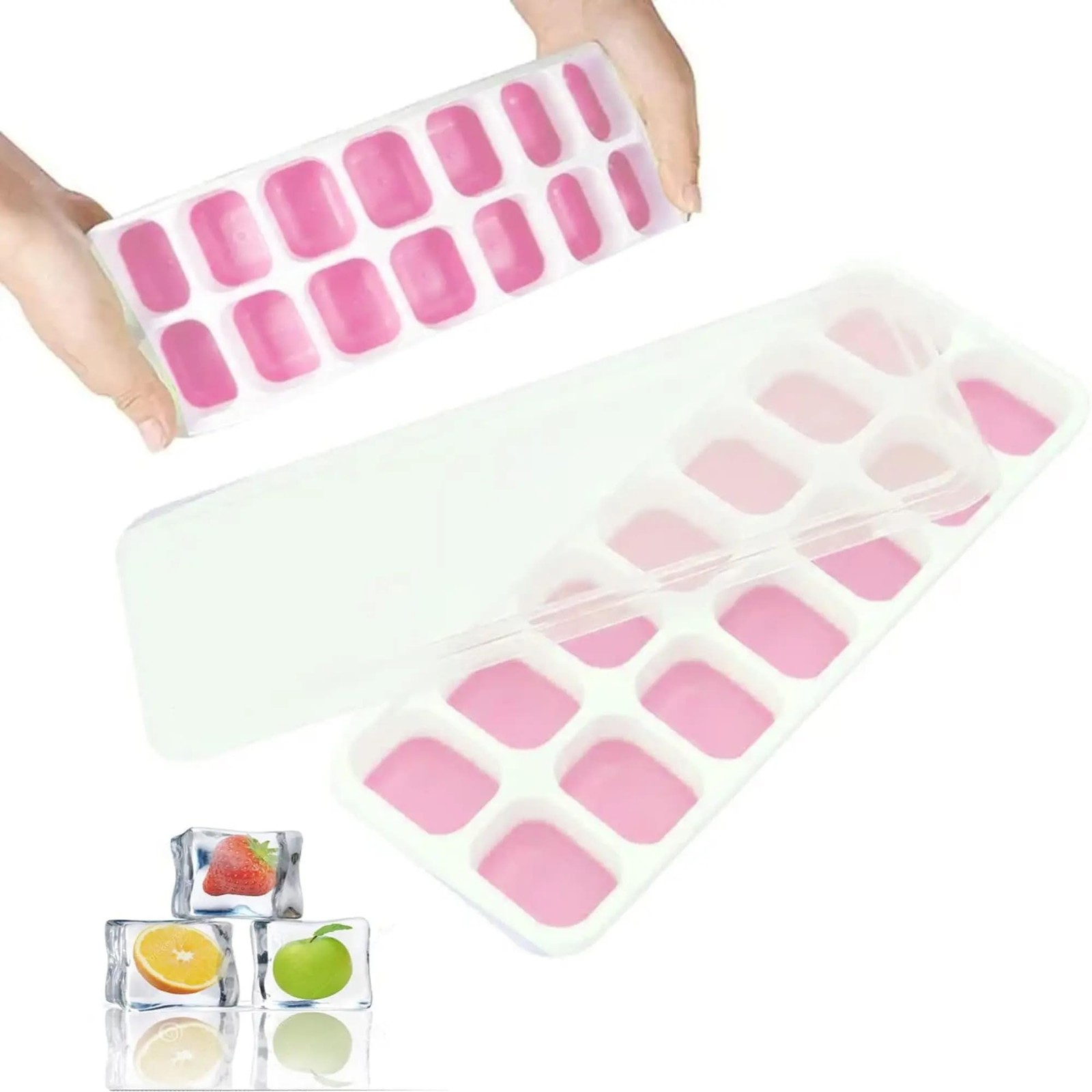 Silicone Freezer Snack Trays with Lids, 2 Pack (14 Cubes Each) Standard, Pink