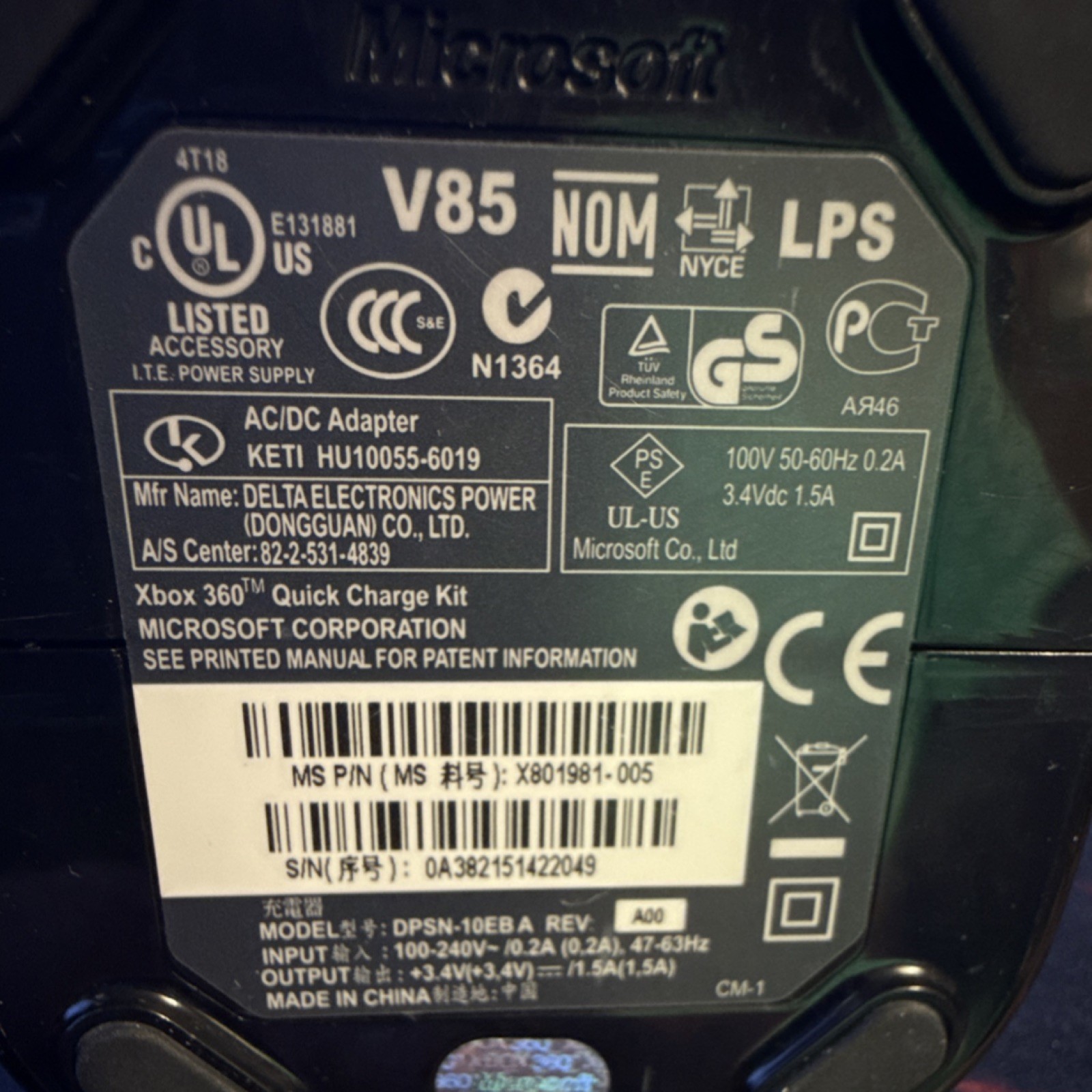 Microsoft Xbox 360 Quick Charge Kit Charging Dock Base Black X801981-005