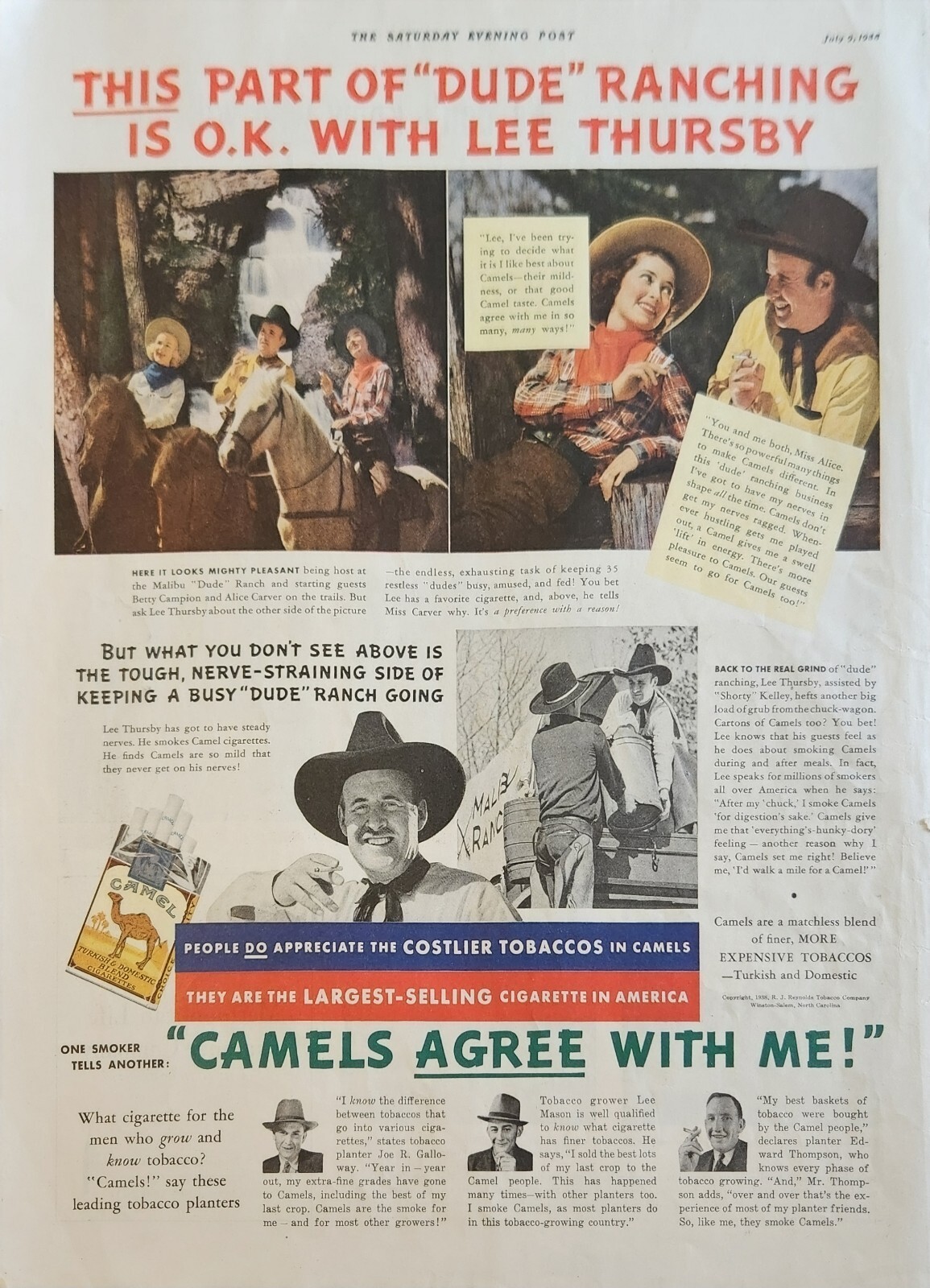 1938 Camel Cigarettes Vintage Ad Part of dude Ranching is ok Lee Thursby