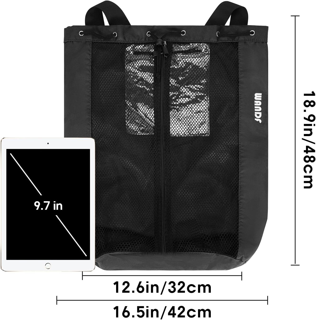 WANDF Swim Bag Mesh Drawstring Backpack Beach for One Size, Black