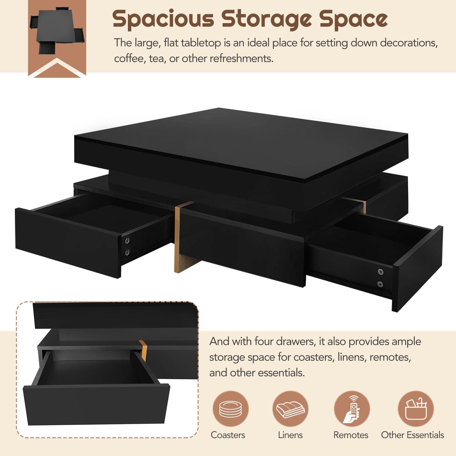 Vinsetto Coffee Table with 4 Drawers, Black