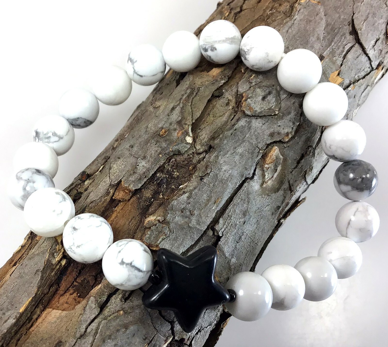 White Howlite beaded bracelet with onyx star pendant healing protection gift