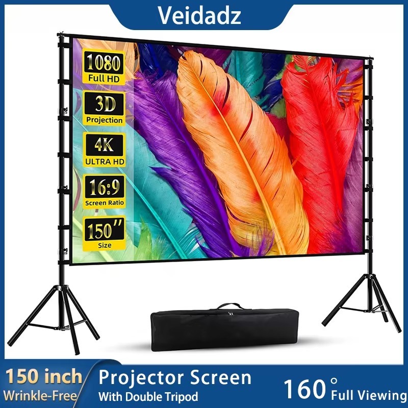 150" Projector Screen With Stand Outdoor Movie Screen HD 4K 16:9 Portable