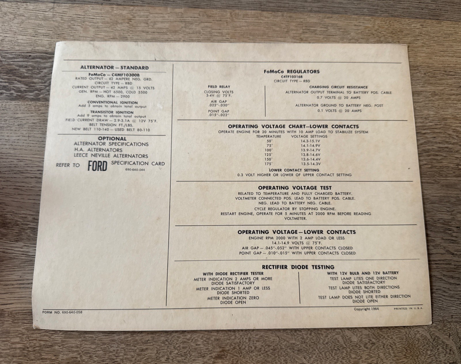 1964 MERCURY HIGH PERFORMANCE V8 427 CU IN SPECIFICATIONS CHART SHEET