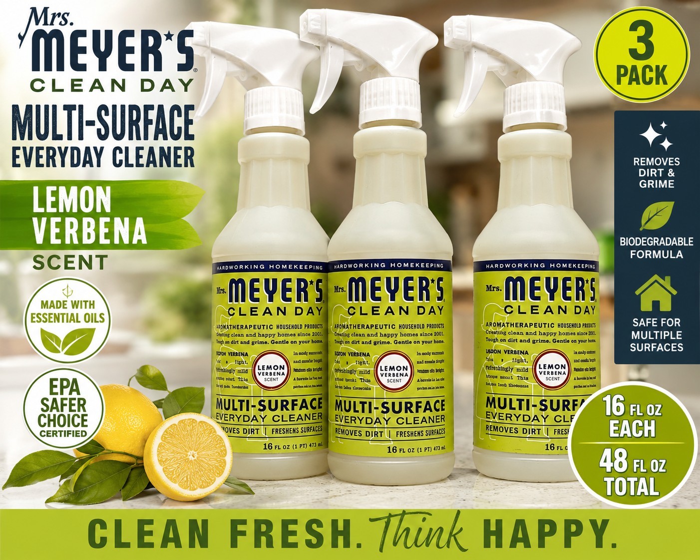 Mrs Meyer's Multi Surface Cleaner Lemon Verbena 3 Pack 16 Oz All Purpose Spray