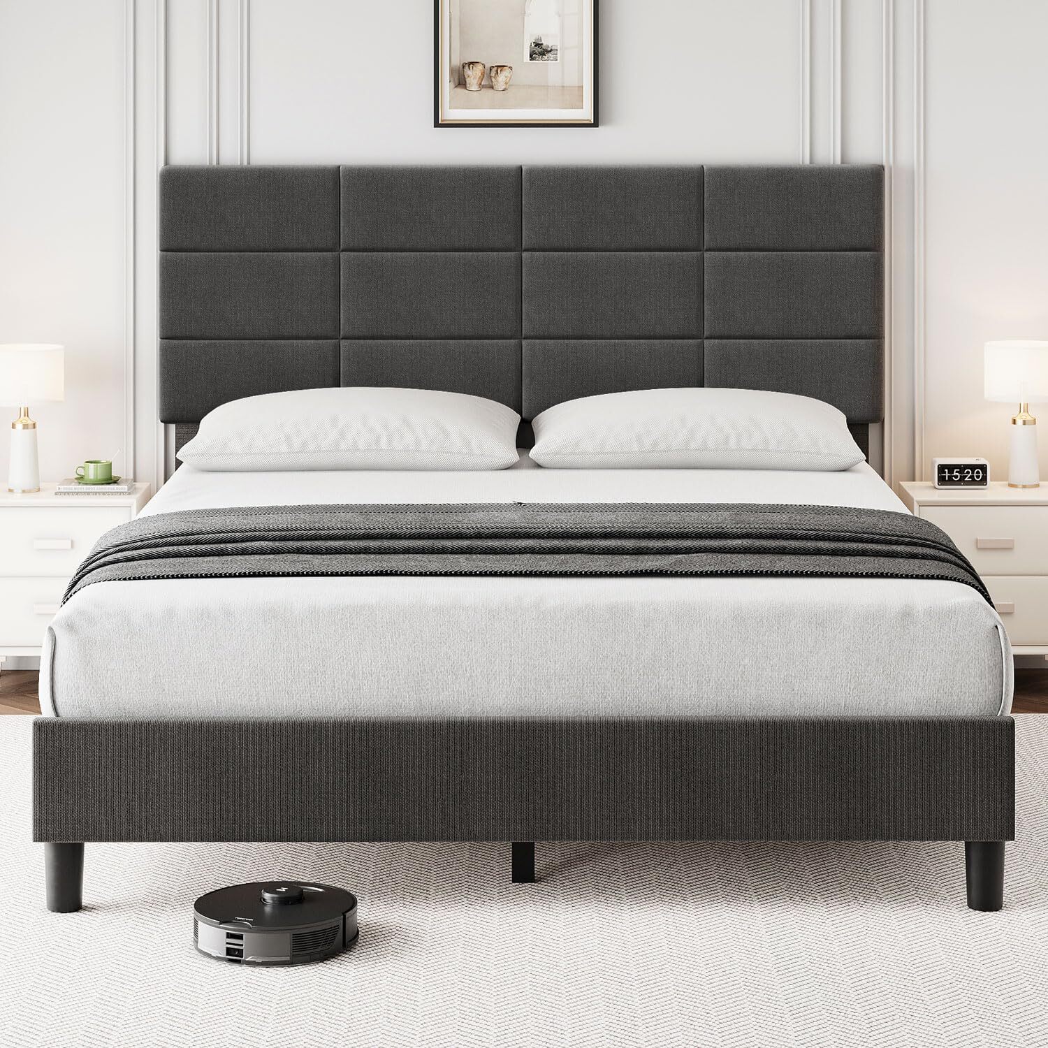 Full Size Bed Frame Headboard ,Modern Upholstered Platform Bed Frame Wood Slats