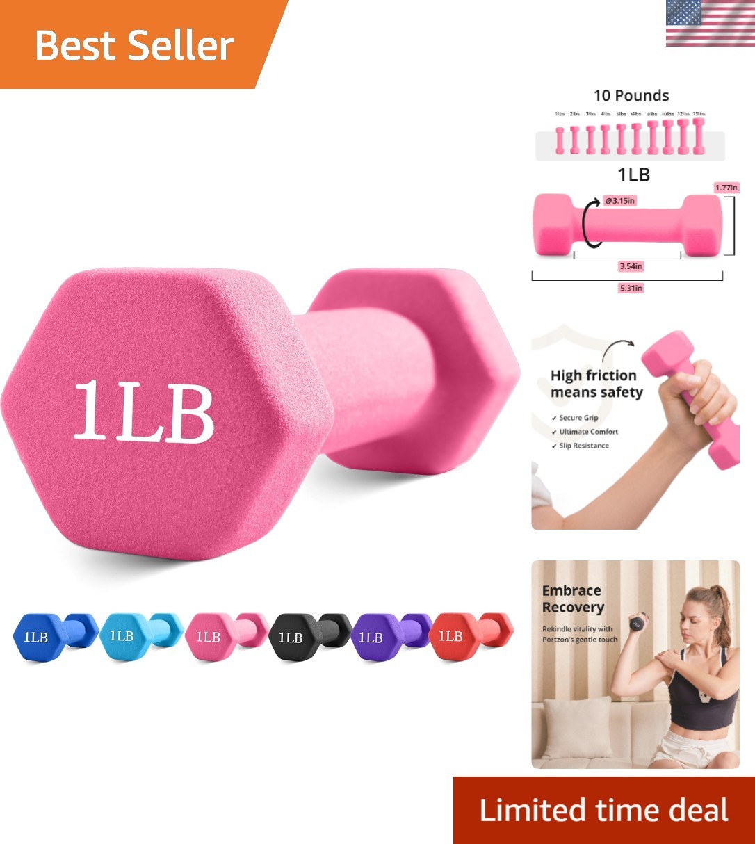 Ergonomic Pink Dumbbell (1LB-3LB) - Anti-Roll, Sweat Resistant for Home Fitness
