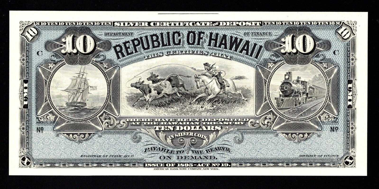 1895 Republic of Hawaii $10.00 Silver Certificate - ABNC Proof Print