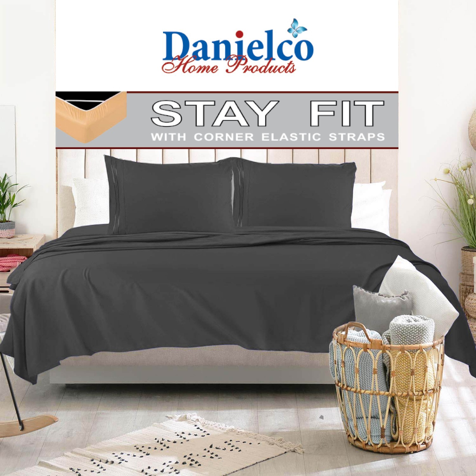 Bed Sheet Set w/ Corner Elastic Straps – Snug Secure Fit on Mattress