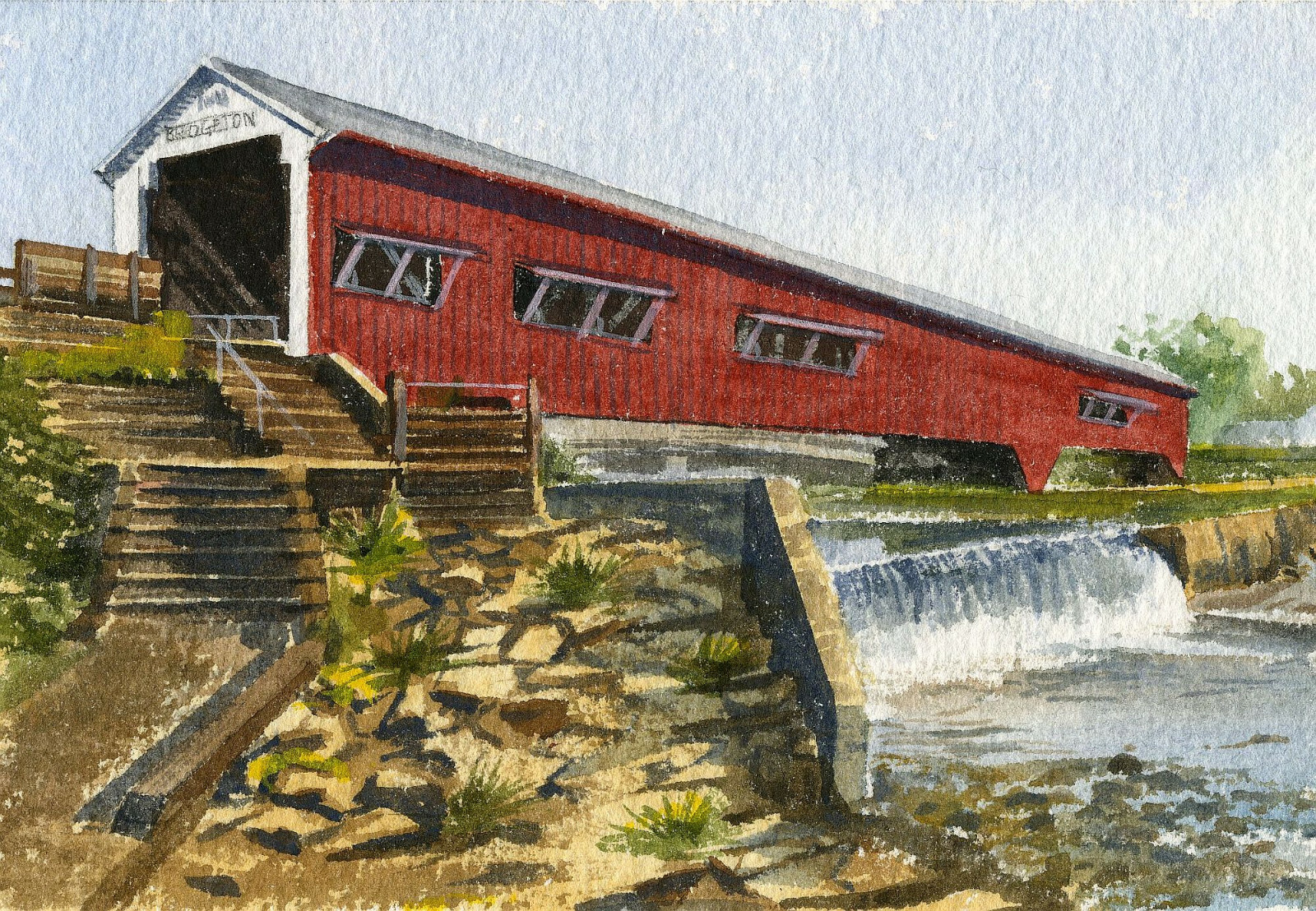 Bridgeton Covered Bridge & Waterfall, Indiana. Gerald Hill watercolor notecards