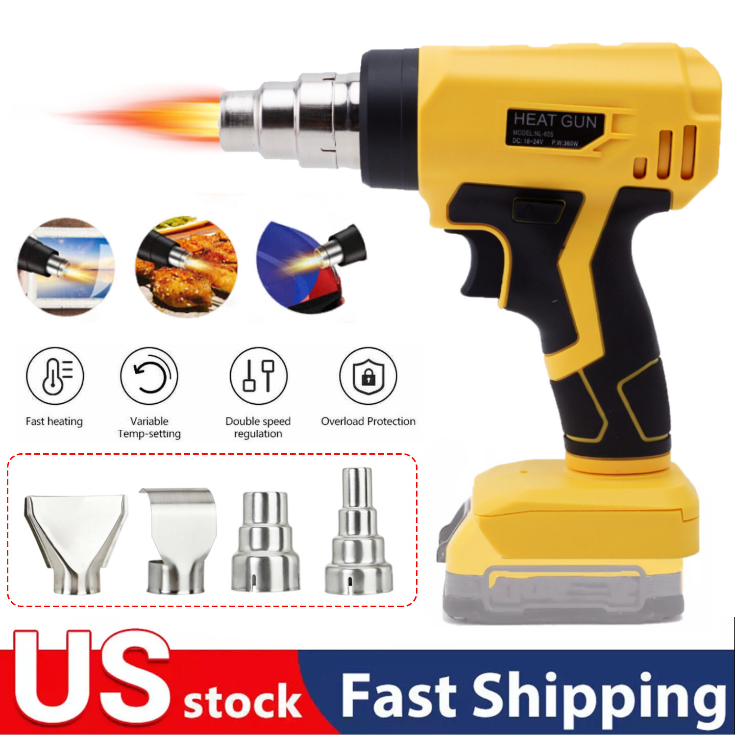 Cordless Heat Gun Hot Air Gun For Dewalt 20V Max Li-ion Battery w/4 Nozzles 360W