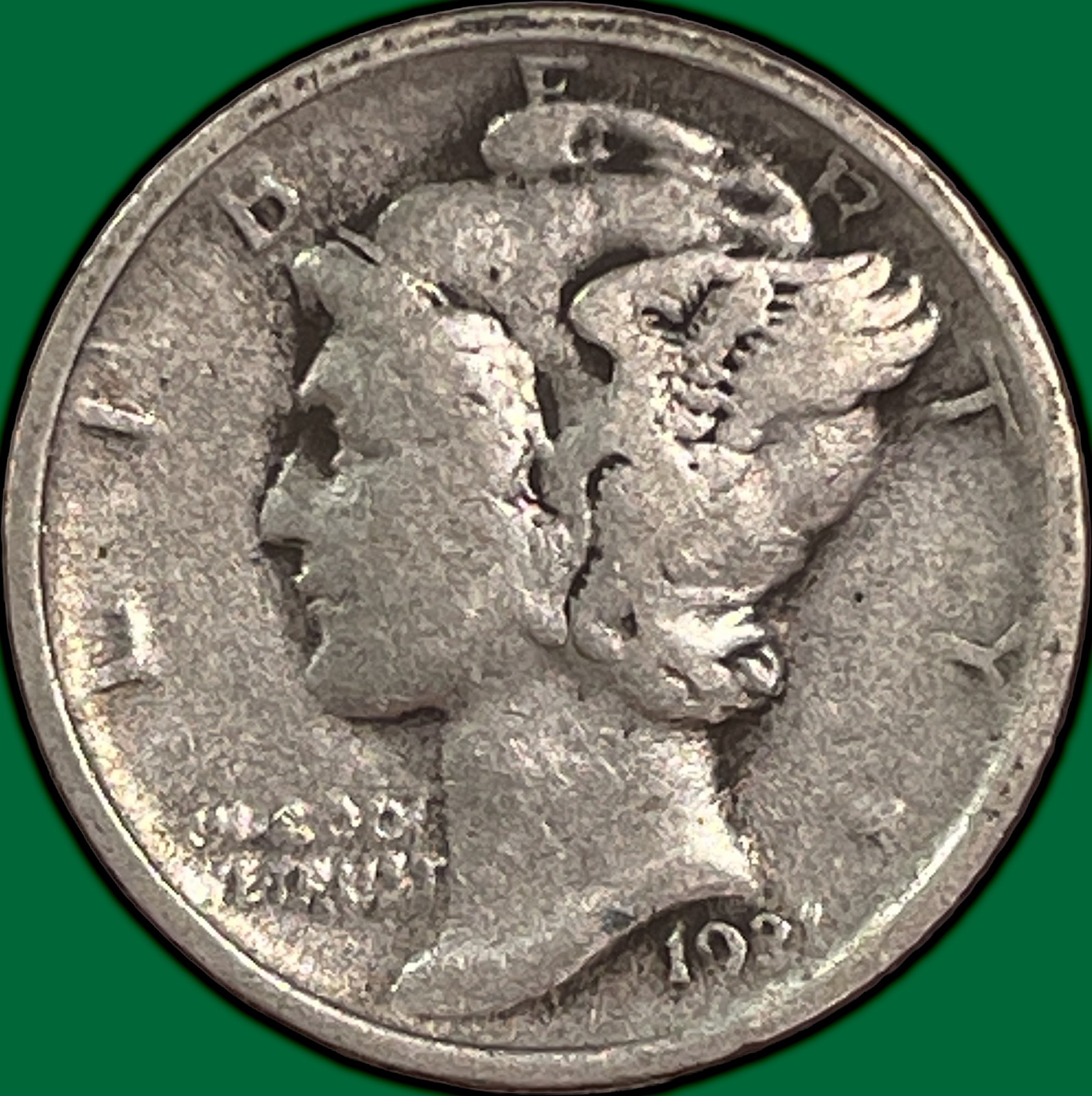 1921 Mercury Dime Silver Very Fine VF Coin, Scratched Reverse #33349
