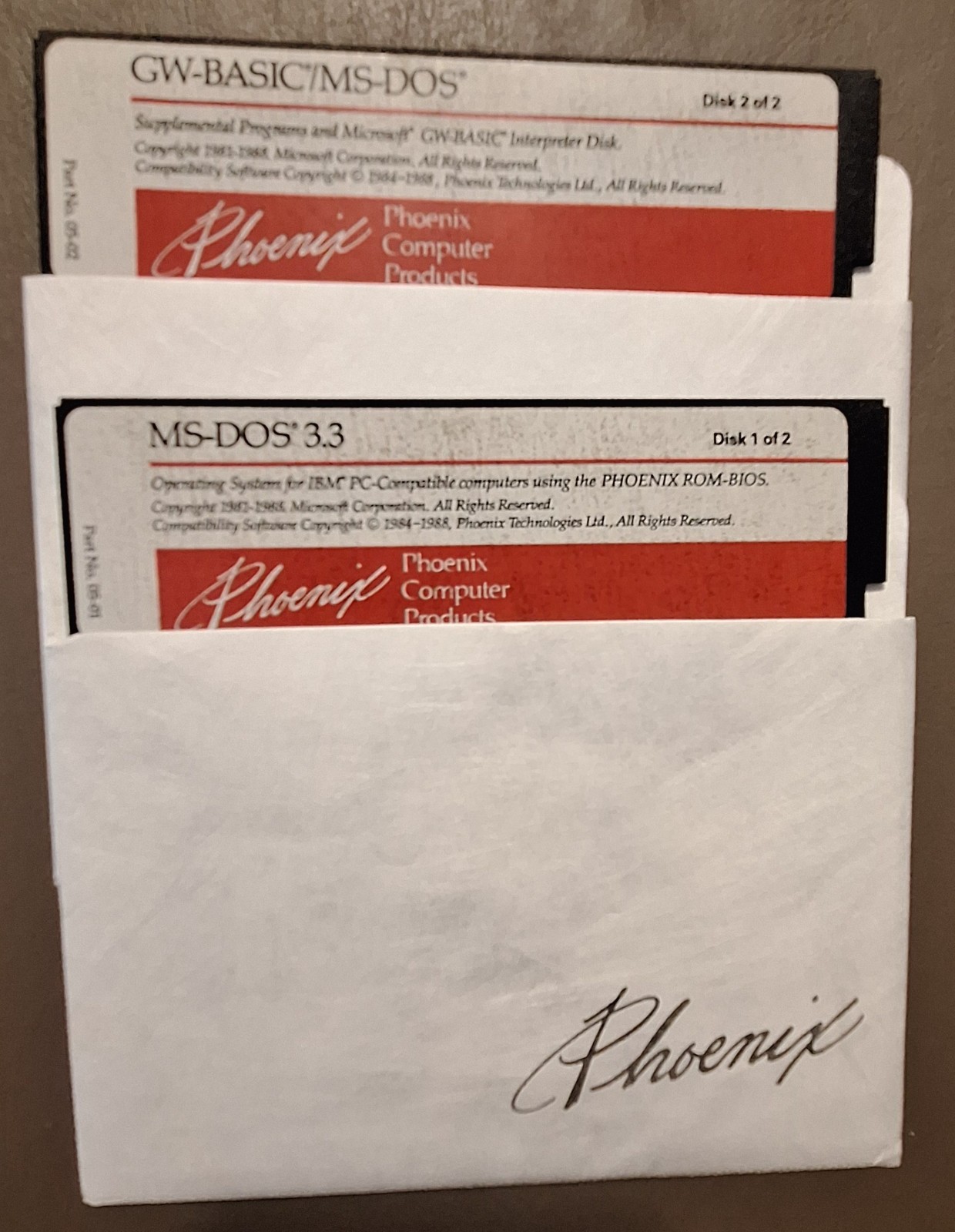 Vintage Phoenix 5.25" Floppy Disk Pair: MS-DOS 3.3 & GW-Basic 1988