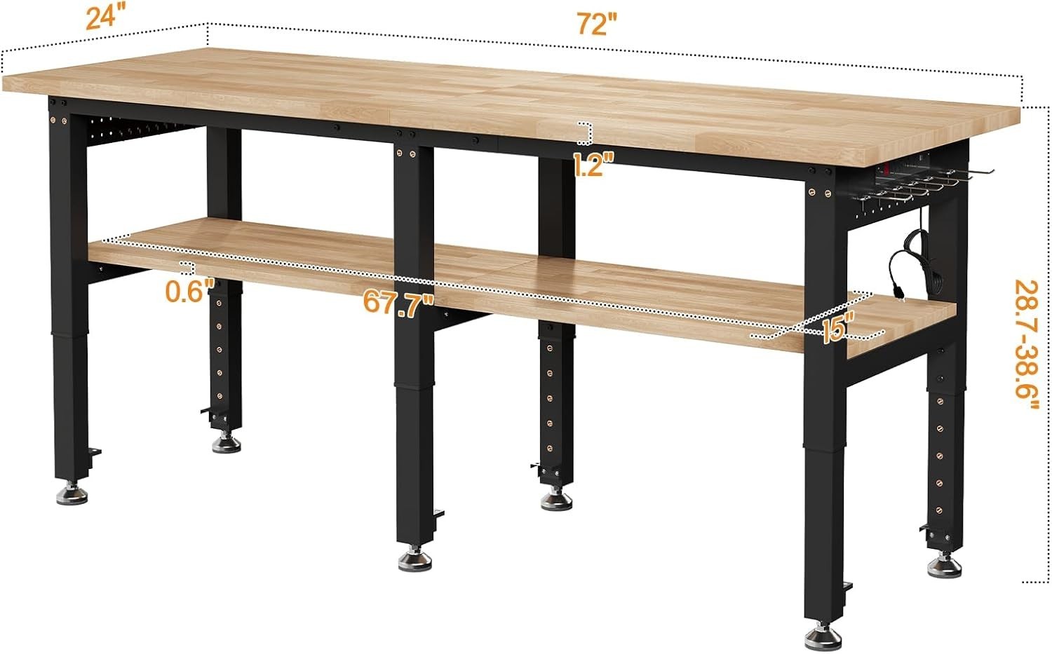 72" Adjustable 2-Tier Workbench with Solid Wood Top Max 6000lbs Capacity