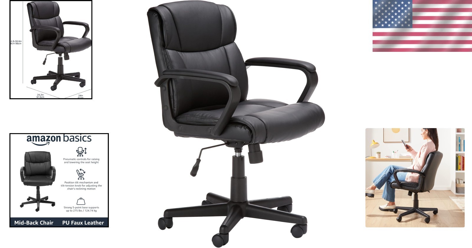 Mid-Back Office Chair - Height Adjustable, Padded Armrests, Sleek Black