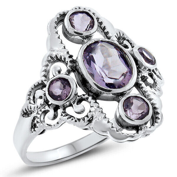 GENUINE AMETHYST 925 STERLING SILVER VICTORIAN DESIGN ANTIQUE STYLE RING    #560