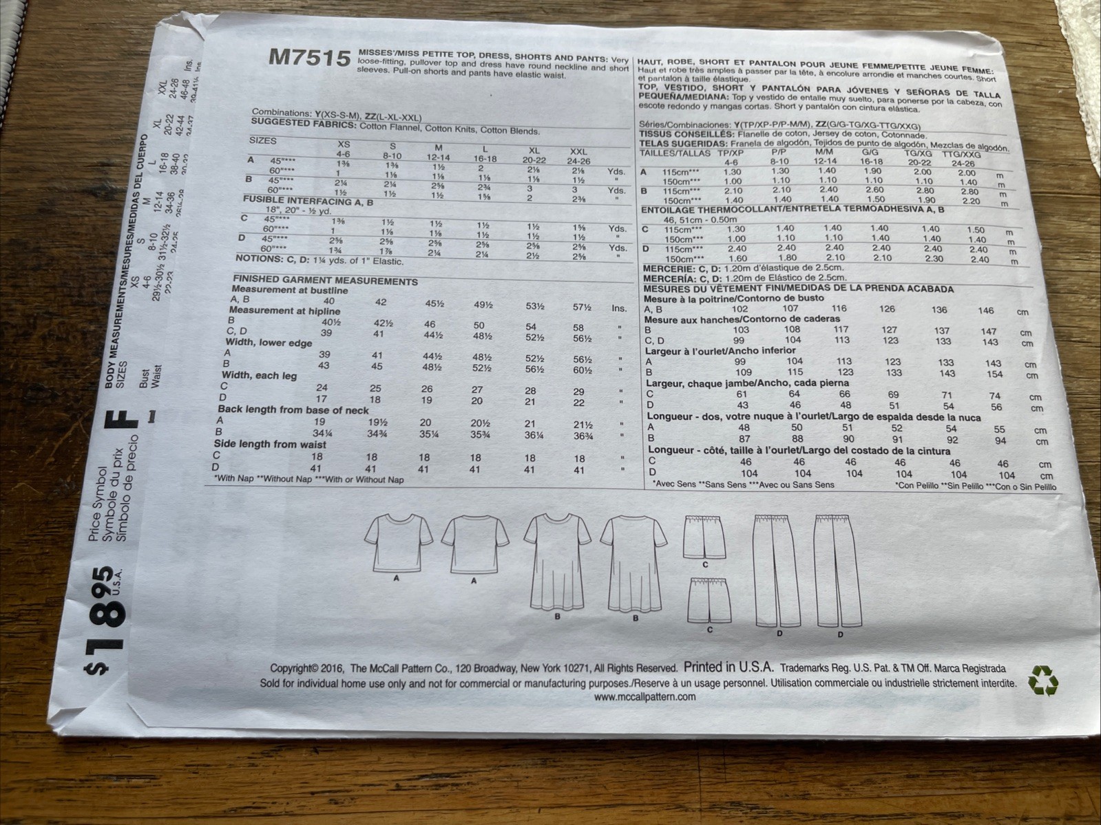 McCalls Pattern M7515 Ms LEARN SEW Pullover Dress~Top/Pull-on Pants~Shorts L-XXL