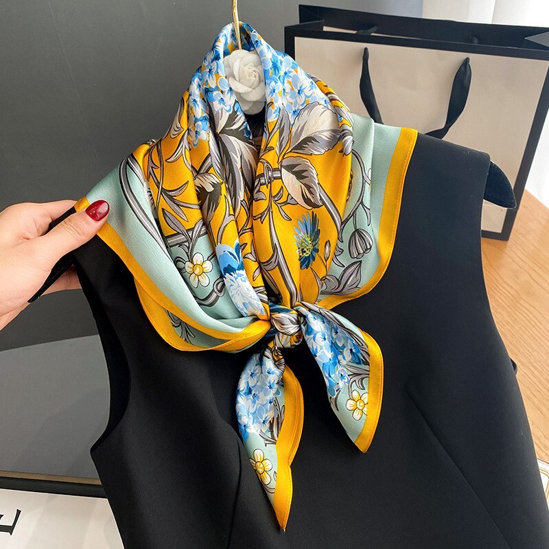 100% Mulberry Silk 27" Square Scarf Women Neckerchief Wrap Vintage Yellow Flower