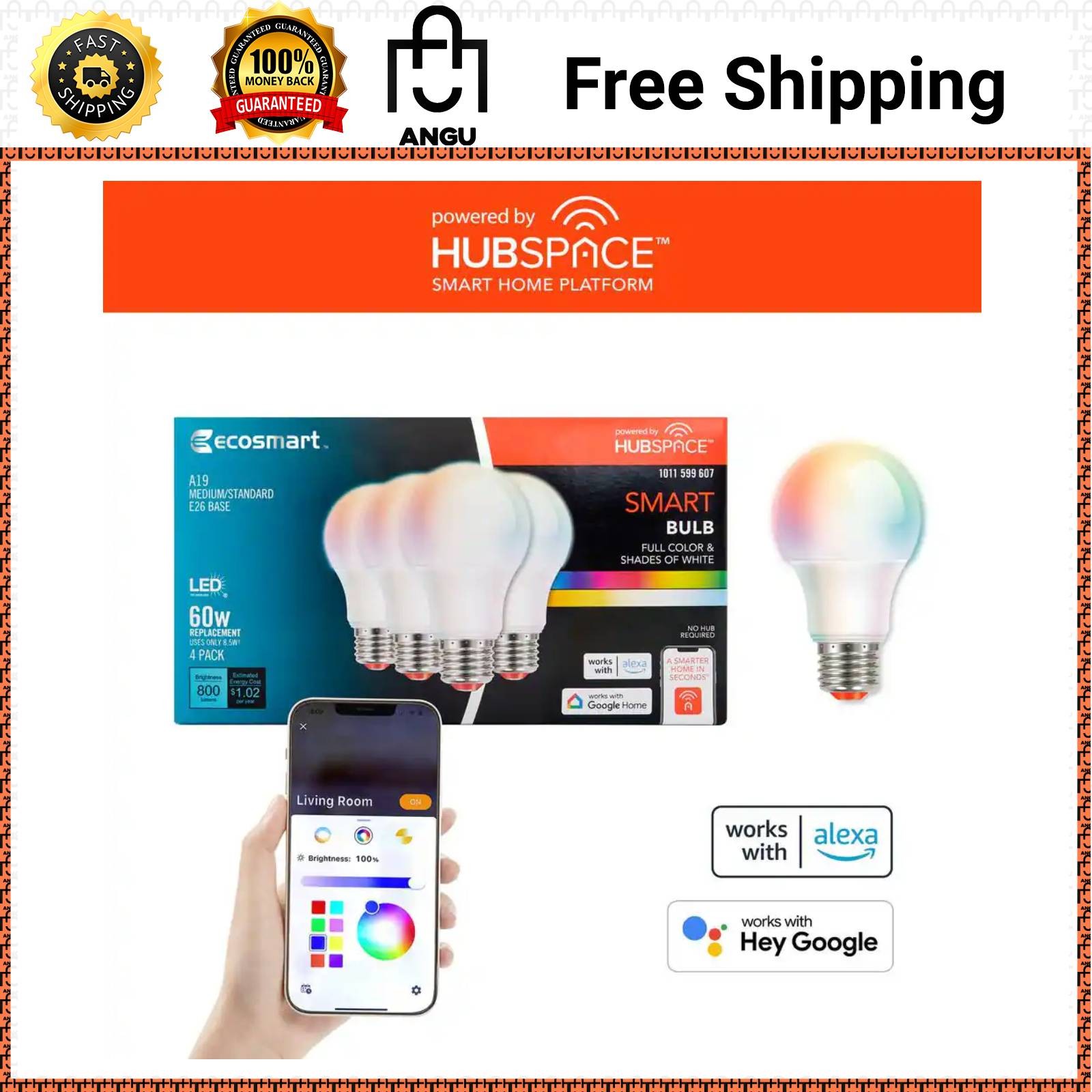 EcoSmart 4-Pack RGBWW Smart LED Bulbs 9 W A19 800 LM Voice & Hubspace